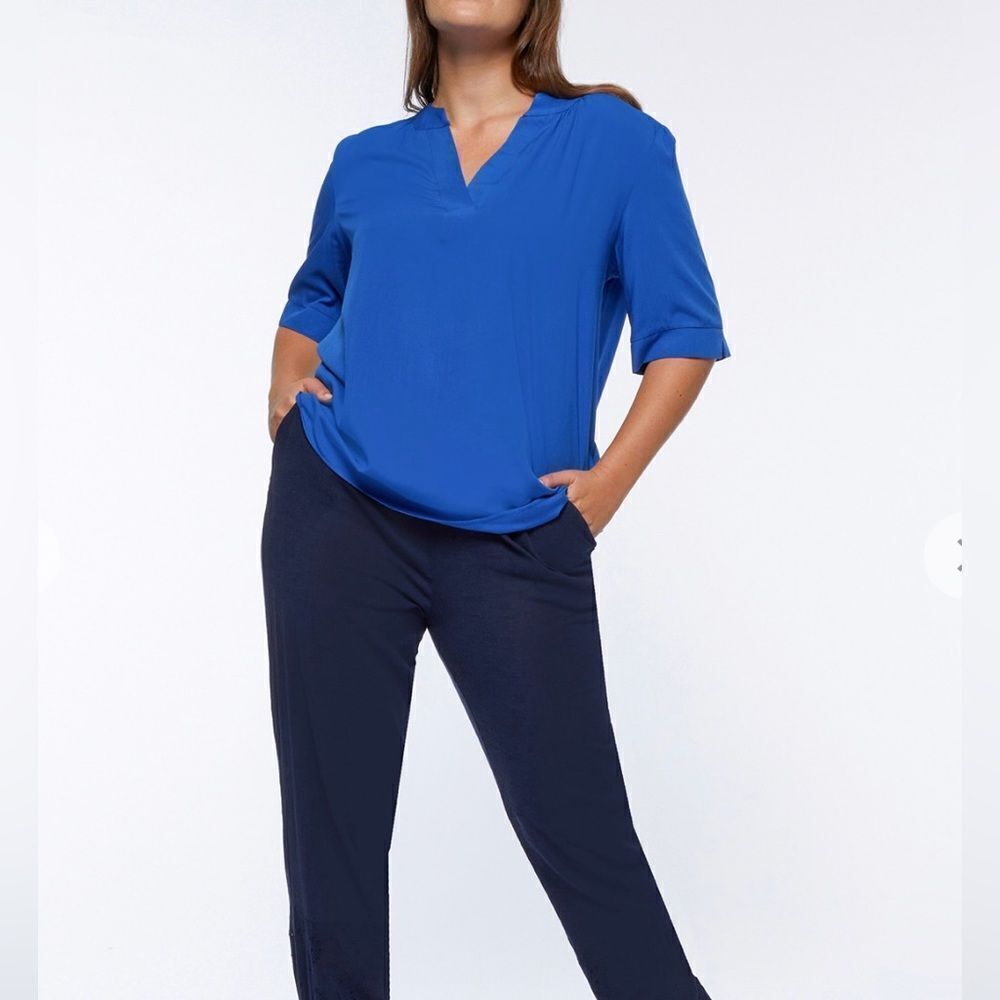 Ecru Silk Relaxed Fit Short Sleeve Blouse Top In Blue Size L